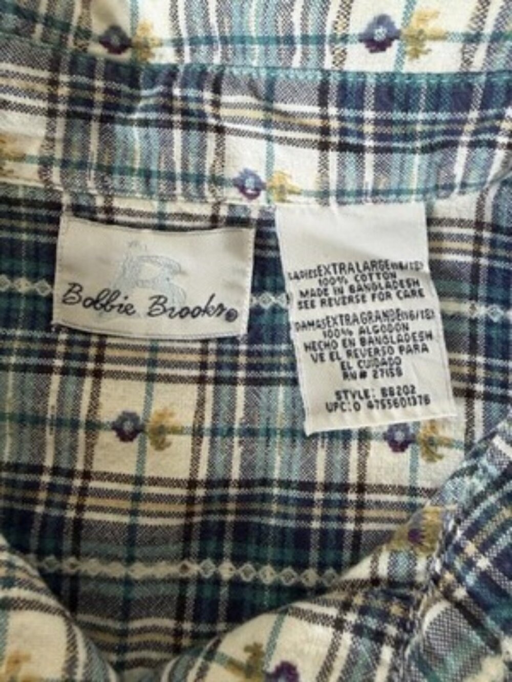 Bobbie Brooks Top Womens XL Blue Plaid Embroidered Short Sleeve Button Up Shirt - Picture 3 of 12
